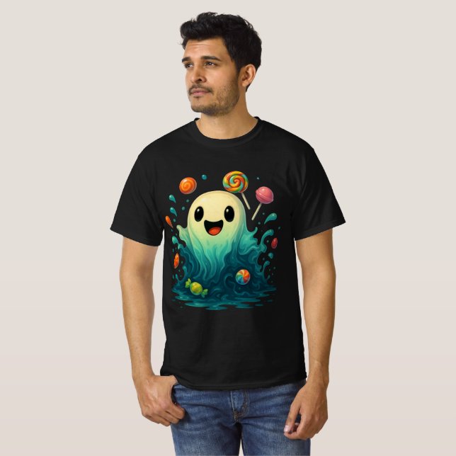 Cute Candy Ghost Halloween Illustration T-Shirt (Vorne ganz)