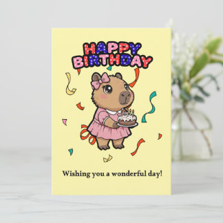 Cute Capybara Birthday Card - Pink Dress & Cake  Dankeskarte