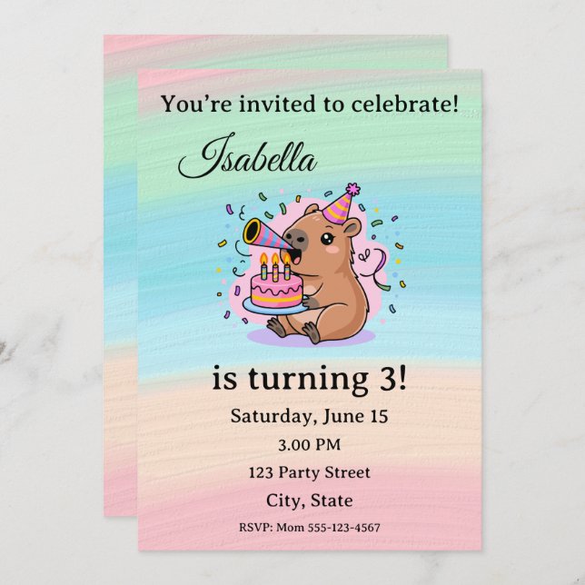 Cute Capybara Birthday Invitation Editable  Einladung (Vorne/Hinten)