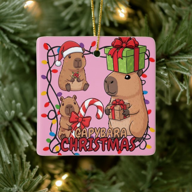 Cute Capybara Christmas Lights Festive Party Pink Keramikornament (Baum)