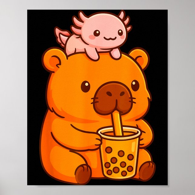 Cute Capybara Drinking Bubble Tea And Axolotl Kawa Poster (Vorne)