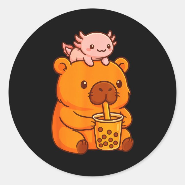 Cute Capybara Drinking Bubble Tea And Axolotl Kawa Runder Aufkleber (Vorderseite)