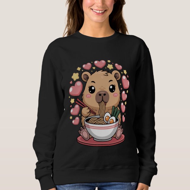 Cute Capybara Eating Noodles for Food Lovers Anime Sweatshirt (Vorderseite)