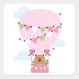 Cute Capybara Hot Air Balloon Pink Birthday Party Quadratischer Aufkleber