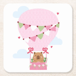 Cute Capybara Hot Air Balloon Pink Birthday Party Rechteckiger Pappuntersetzer