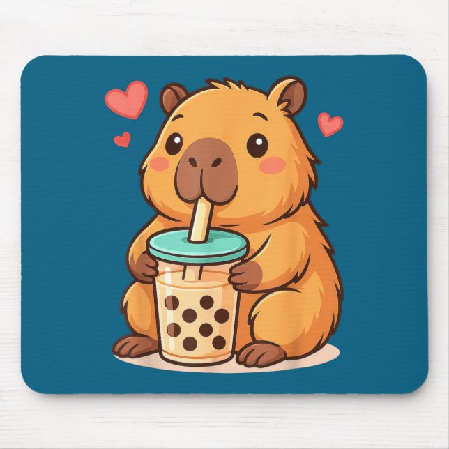 Cute Capybara Kawaii Anime Drinking Bubble Tea Lov Mousepad (Vorne)