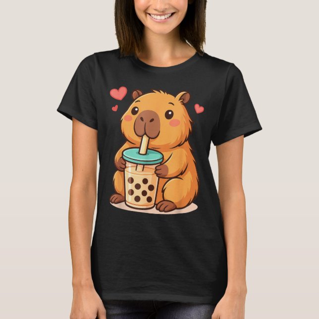 Cute Capybara Kawaii Anime Drinking Bubble Tea Lov T-Shirt (Vorderseite)
