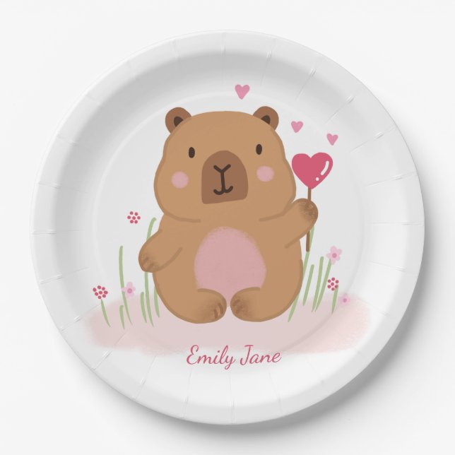 Cute Capybara Personalized Pink Baby Shower  Pappteller (Vorderseite)
