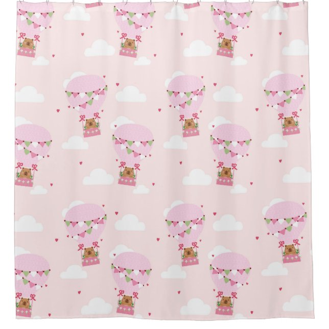Cute Capybara Pink Hot Air Balloon  Duschvorhang (Vorderseite)