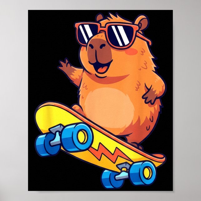 Cute Capybara Skateboarding Chill Animal Lover Art Poster (Vorne)