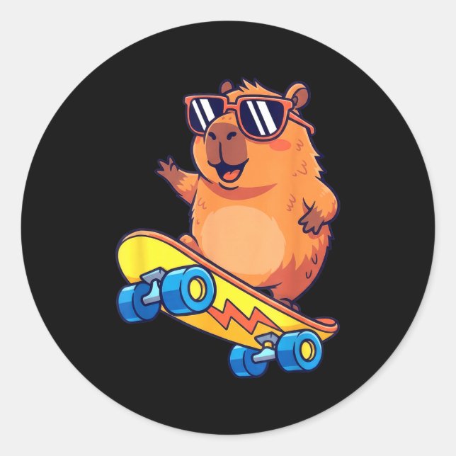 Cute Capybara Skateboarding Chill Animal Lover Art Runder Aufkleber (Vorderseite)