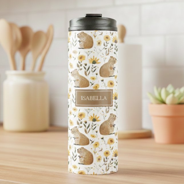 Cute Capybara Thermosbecher (cute capybara floral sunflowers thermal tumbler, personalized gift for girls,custom gift for runners)