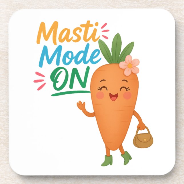 Cute Carrot Masti Mode ON Coasters Set Fun Cartoon Getränkeuntersetzer (Vorderseite)