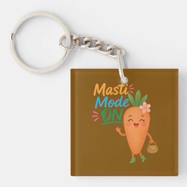 Cute Carrot Masti Mode ON Keychain Fun Cartoon Veg Schlüsselanhänger (Vorderseite)