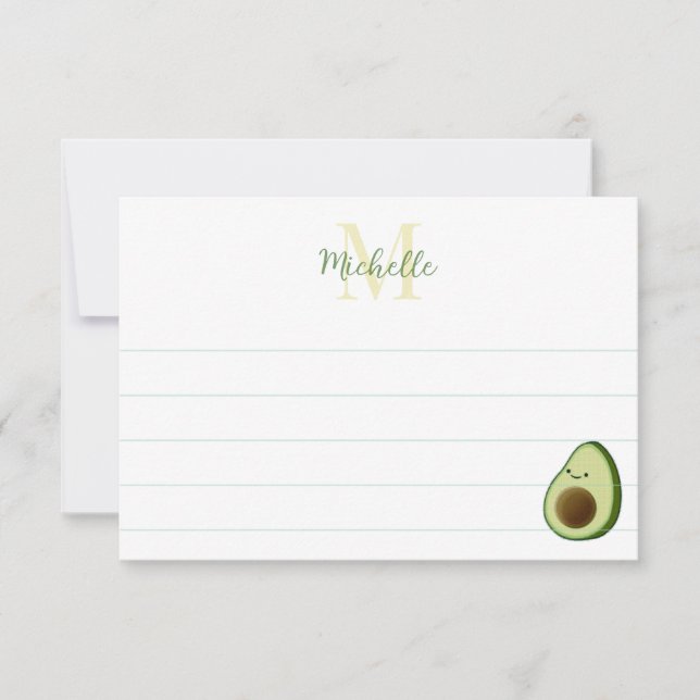Cute Cartoon Avocado Custom Monogram Lined Mitteilungskarte (Vorderseite)