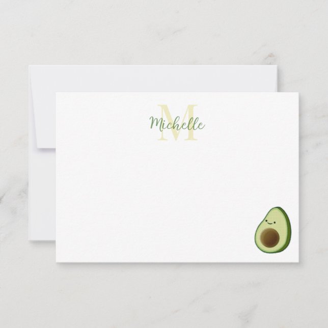 Cute Cartoon Avocado Custom Monogram Mitteilungskarte (Vorderseite)