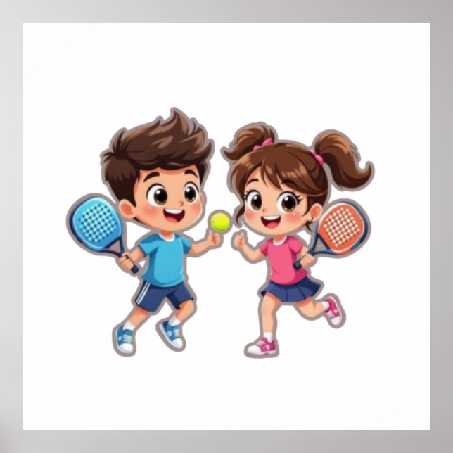 Cute Cartoon Boy and Girl Playing Padel Tennis – F Poster (Vorne)