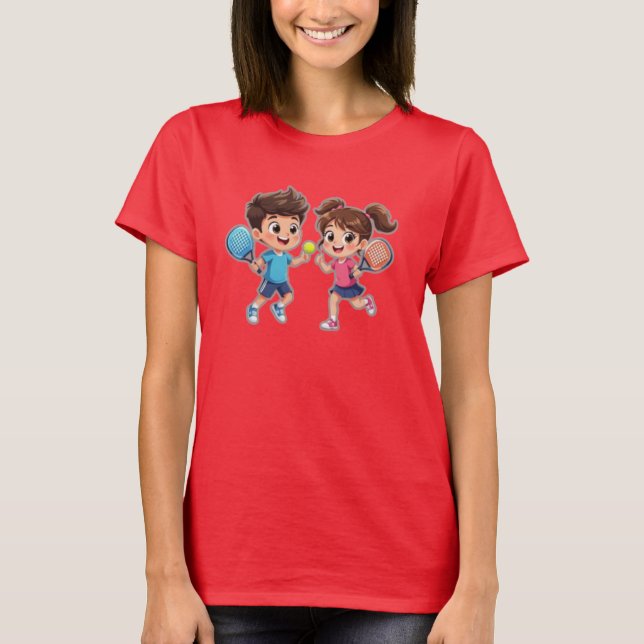 Cute Cartoon Boy and Girl Playing Padel Tennis – F T-Shirt (Vorderseite)