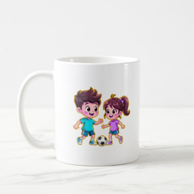 **Cute Cartoon Boy and Girl Playing Soccer Togethe Kaffeetasse (Links)