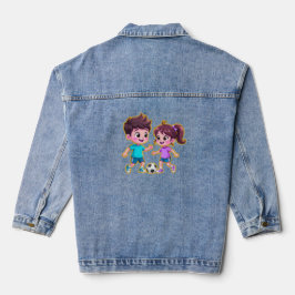 Cute Cartoon Boy and Girl Playing Soccer Together Jeansjacke