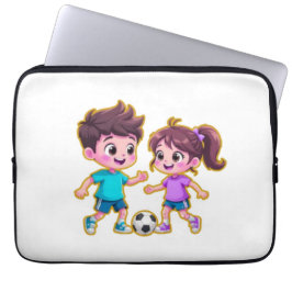 Cute Cartoon Boy and Girl Playing Soccer Together Laptopschutzhülle