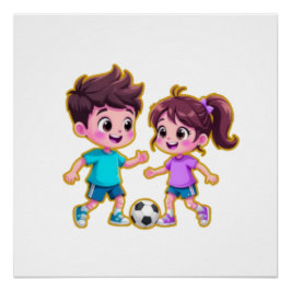 Cute Cartoon Boy and Girl Playing Soccer Together Poster