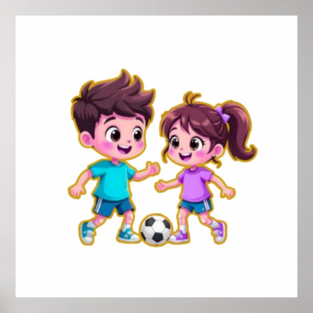 Cute Cartoon Boy and Girl Playing Soccer Together  Poster (Vorne)