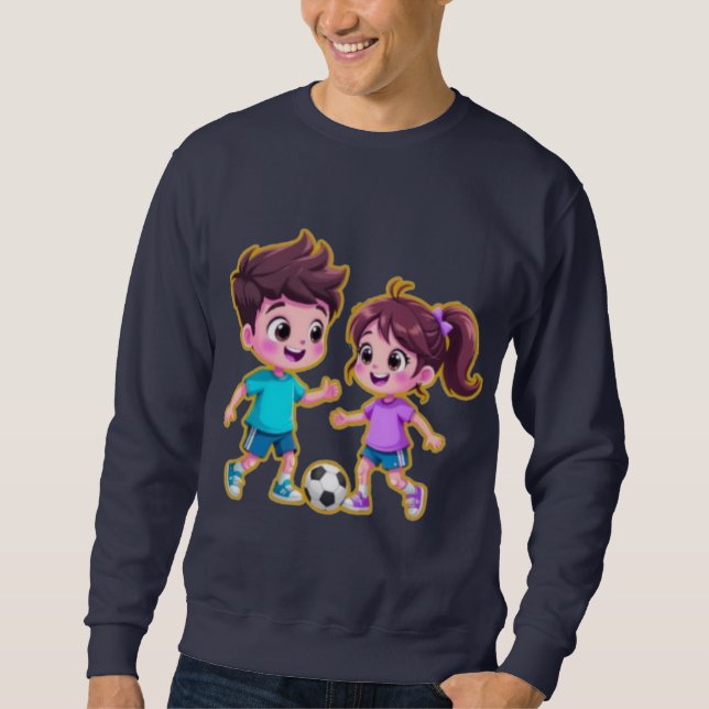 Cute Cartoon Boy and Girl Playing Soccer Together  Sweatshirt (Vorderseite)