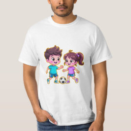 Cute Cartoon Boy and Girl Playing Soccer Together T-Shirt