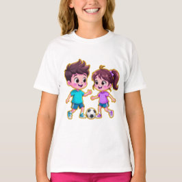 Cute Cartoon Boy and Girl Playing Soccer Together T-Shirt