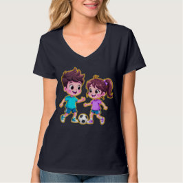 Cute Cartoon Boy and Girl Playing Soccer Together T-Shirt