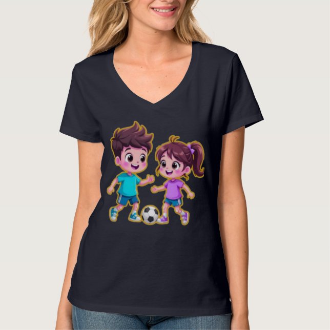 Cute Cartoon Boy and Girl Playing Soccer Together  T-Shirt (Vorderseite)
