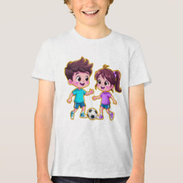Cute Cartoon Boy and Girl Playing Soccer Together Tri-Blend Shirt