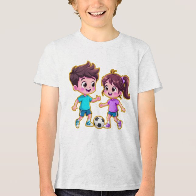 Cute Cartoon Boy and Girl Playing Soccer Together  Tri-Blend Shirt (Vorderseite)