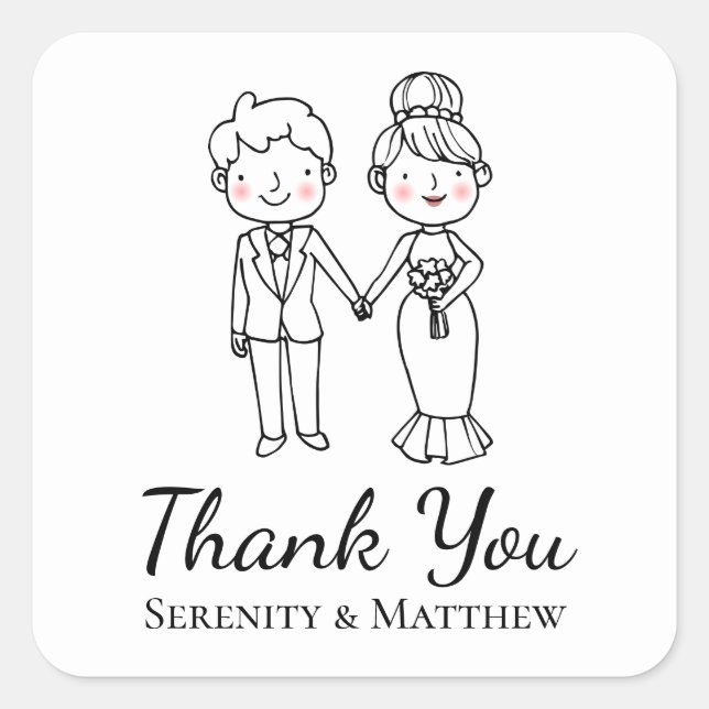 Cute Cartoon Bride Groom Black White Thank You Quadratischer Aufkleber (Vorderseite)