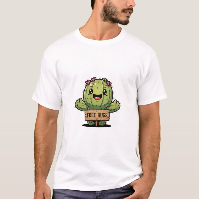 Cute Cartoon Cactus Character Offering Free Hugs T-Shirt (Vorderseite)