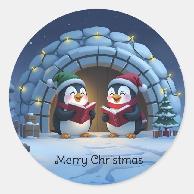 Cute Cartoon Caroling Penguins Runder Aufkleber (Vorderseite)