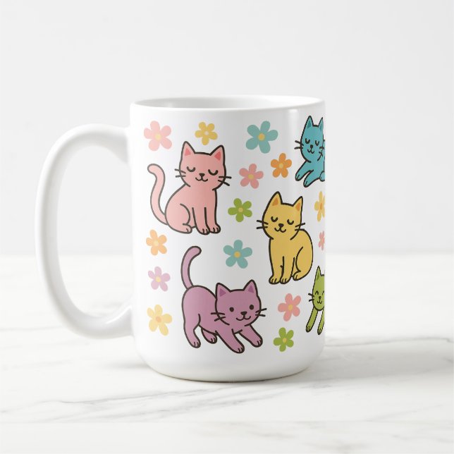 Cute Cartoon Cat & Flower Mug – Spring Pastel  Kaffeetasse (Links)