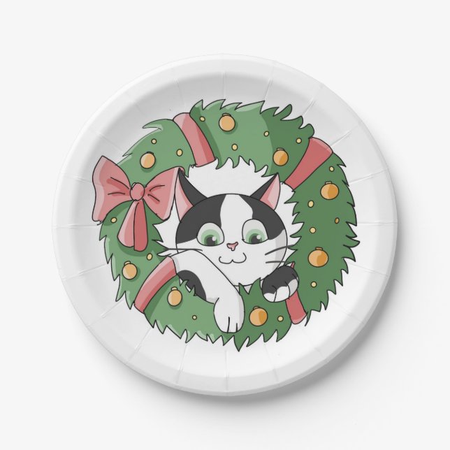 Cute Cartoon Cat in Christmas Wreath Pappteller (Vorderseite)