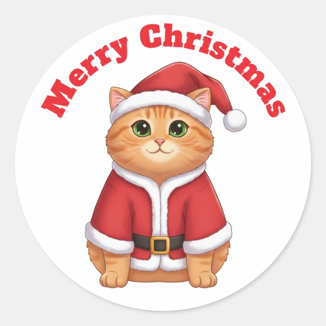 Cute Cartoon Cat in Santa Suit - Merry Christmas  Runder Aufkleber (Vorderseite)