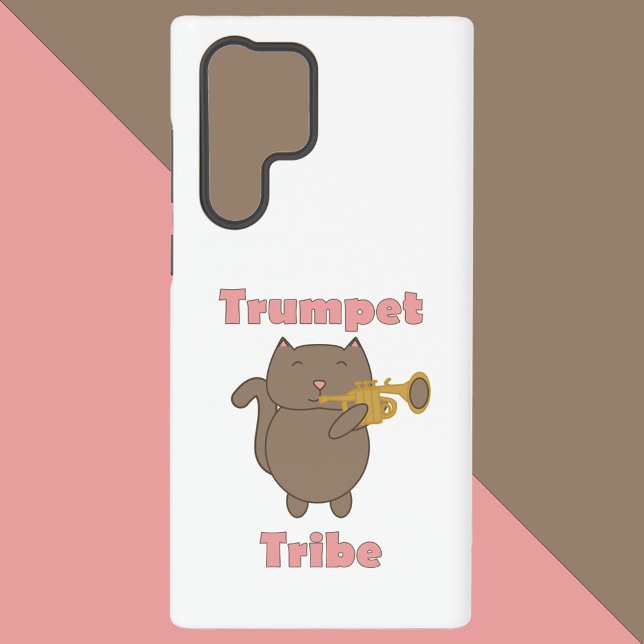 Cute Cartoon Cat Playing Trumpet Tribe Funny Samsung Galaxy Hülle (A phone case with a happy brown cat playing the trumpet with the words trumpet tribe.)