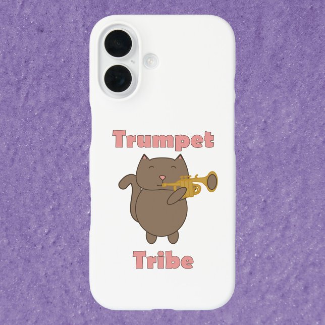 Cute Cartoon Cat Playing Trumpet Tribe Musical  Case-Mate iPhone Hülle (A phone case with a cute cat playing the trumpet and the text trumpet tribe in pink.)