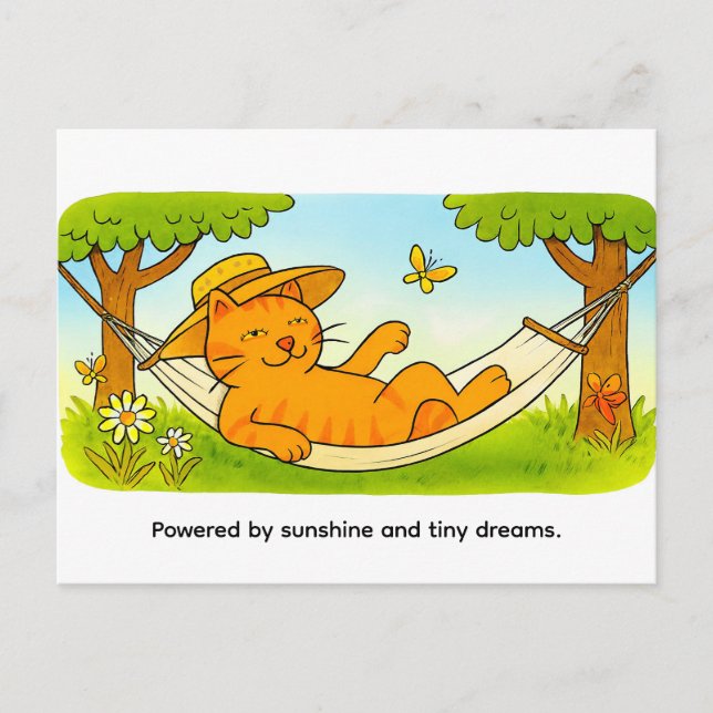 Cute Cartoon Cat Relaxing in Garden Hammock Postkarte (Vorderseite)