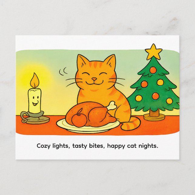 Cute Cartoon Cat Sitting by Christmas Candle Postkarte (Vorderseite)