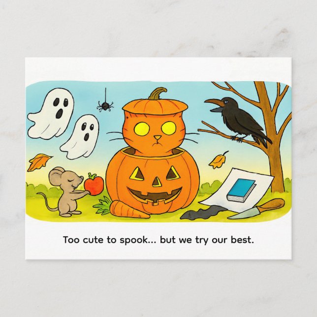 Cute Cartoon Cat Sitting in Pumpkin Costume Postkarte (Vorderseite)
