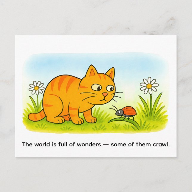 Cute Cartoon Cat Watching Ladybug in Meadow Postkarte (Vorderseite)