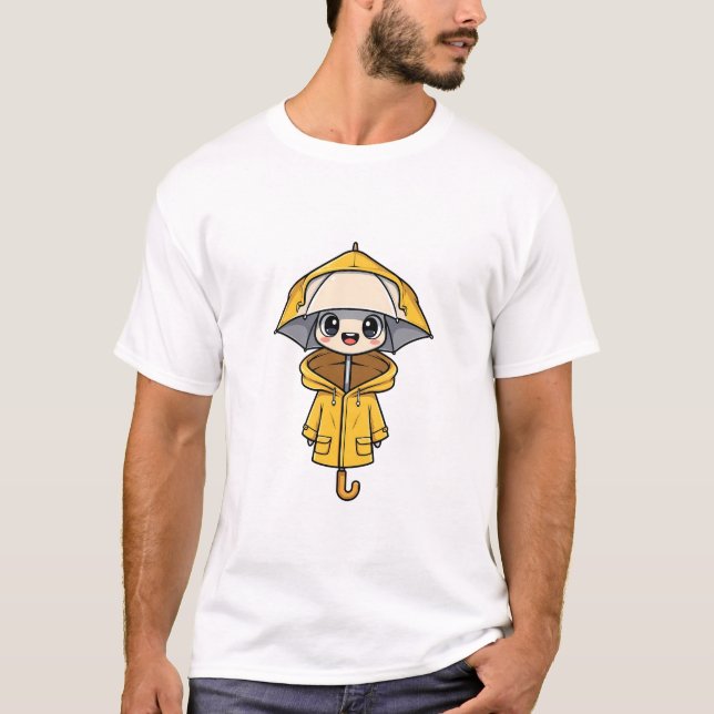 Cute Cartoon Character Wearing Yellow Raincoat T-Shirt (Vorderseite)