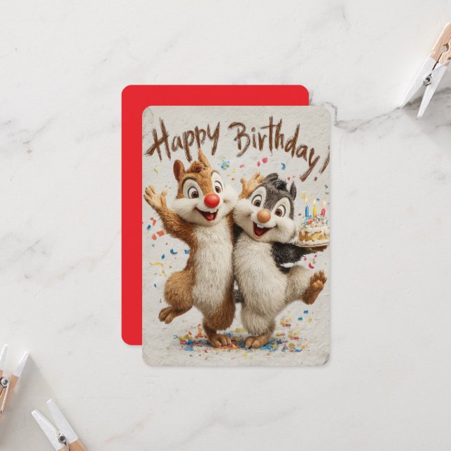 Cute Cartoon Chipmunks Happy Birthday Card  (Vorderseite/Rückseite Beispiel)