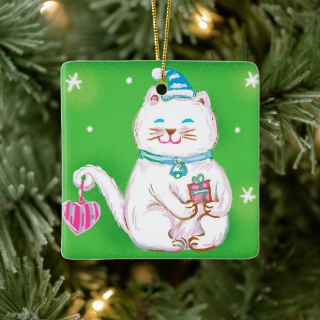 Cute Cartoon Christmas Cat Wearing a Santa Hat Keramikornament (Baum)