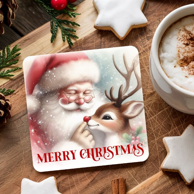 Cute Cartoon Christmas Coasters Santa and Rudolph Rechteckiger Pappuntersetzer (Cute Cartoon Christmas Coasters Santa and Rudolph)